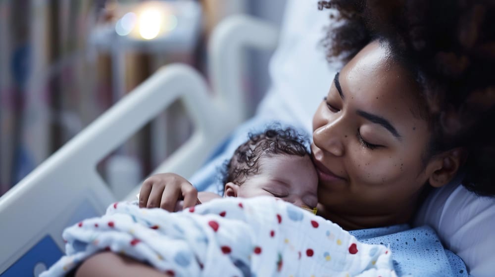 New mother resting with her sleeping newborn in a hospital bed